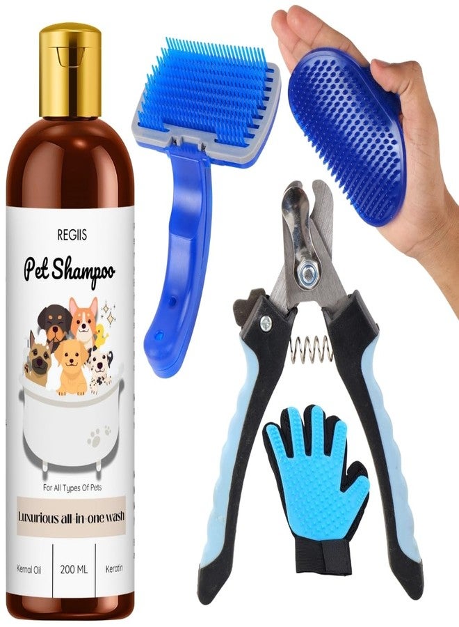 REGIIS Pet Grooming Kit, 5-Piece Set with Dog Shampoo 200ml, Slicker Brush, Nail Clipper, Deshedding Glove, Bath Massage Brush for Dogs and Cats - Image 1